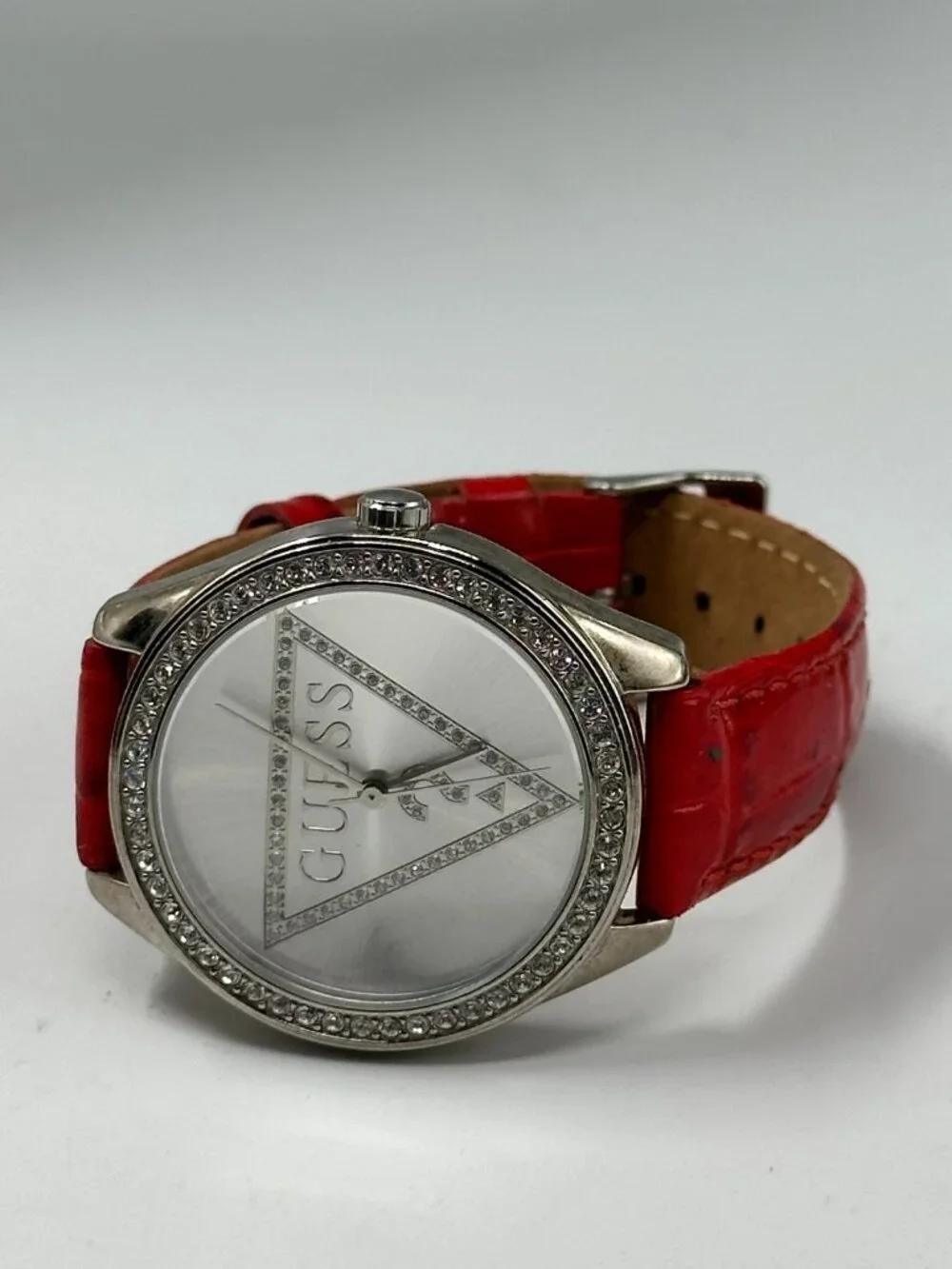 Guess Watch Women Silver Tone Logo Dial 36MM Red Leather Band New Battery